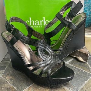 Charles By Charles David Rumor Black Leather Wedge Platform Sandals